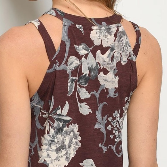 Burgundy Floral Print Sleeveless Dress - Picture 5 of 7